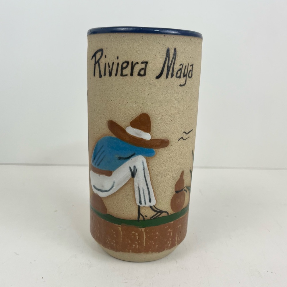 Tonala Mexican Pottery Hand Painted Art Man In Sombrero Cactus Signed 6” Vase